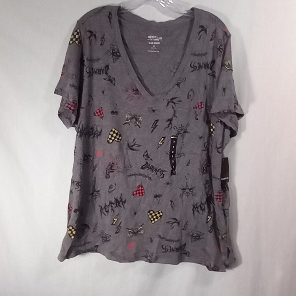 Torrid Gray Metal Doodles Heritage Slub V-Neck Pocket Tee Size 2X NWT